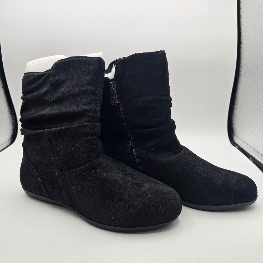 Black Suede Ruched Mid‑Calf Boots – Size 8.5 – Warm Lined – Side‑Zip